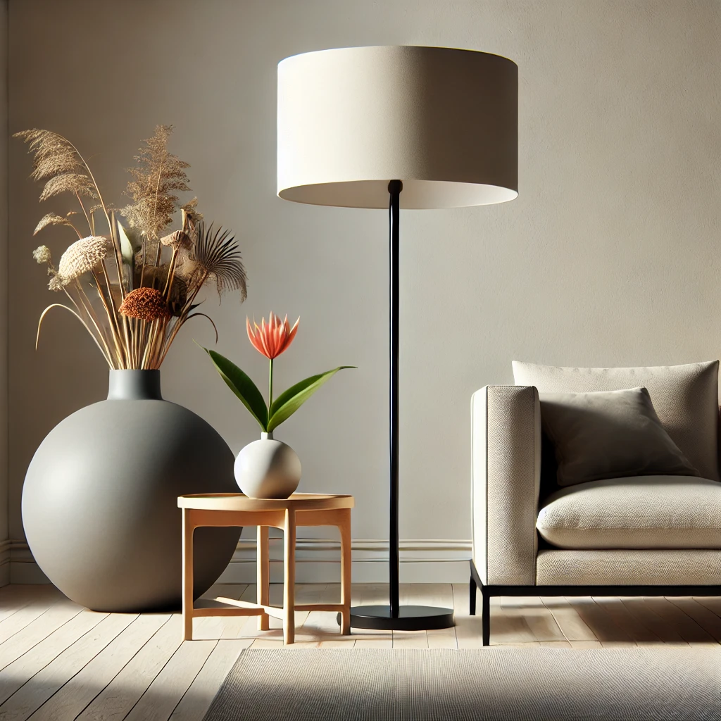 Ein modernes, minimalistisches Wohnzimmer mit einer großen Vase voller frischer Blumen auf einem schlichten Holztisch und einer eleganten Stehlampe. Die minimalen Accessoires und neutrale Farbpalette sorgen für ein stilvolles und klares Design.