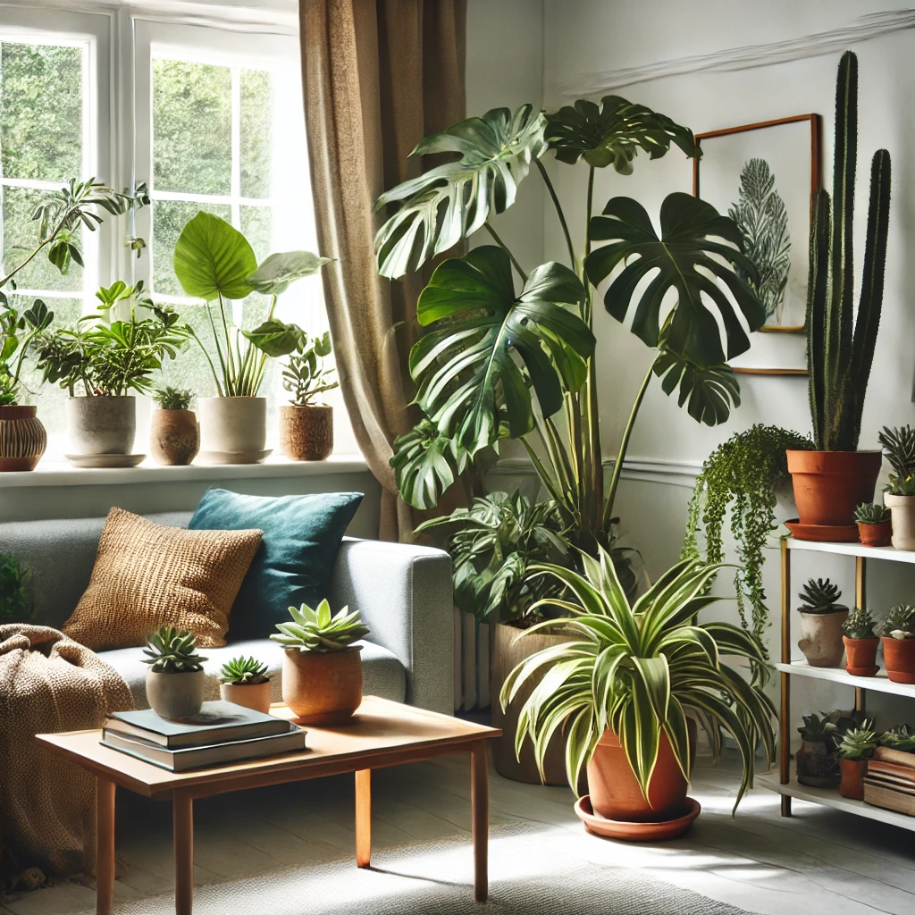 Ein Wohnzimmer mit verschiedenen Zimmerpflanzen wie einer Monstera auf einem Regal, Sukkulenten auf dem Fensterbrett und einer großen Yucca-Palme in der Ecke. Die Pflanzen verleihen dem Raum eine frische und einladende Atmosphäre.