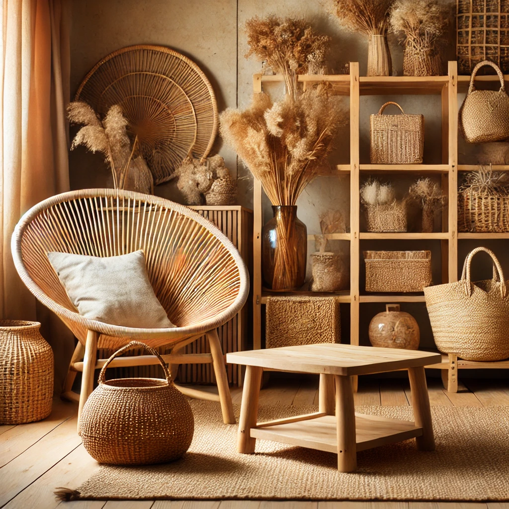 Ein gemütliches Wohnzimmer mit Rattanmöbeln, einem Holztisch und dekorativen Seegraskörben. Die natürlichen Materialien wie Holz, Jute und Rattan schaffen eine warme und einladende Atmosphäre, die zu einem modernen Einrichtungsstil passt.