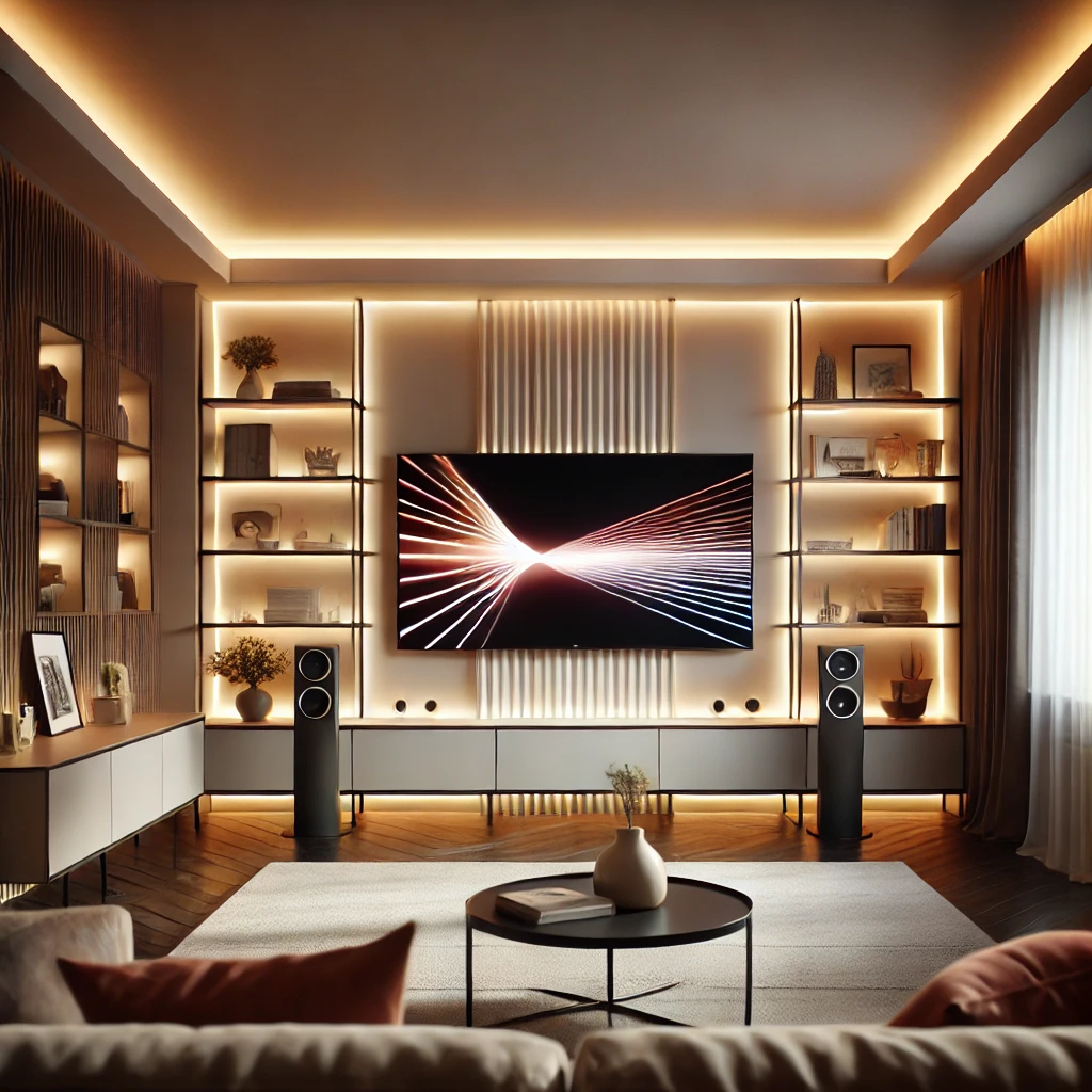 Ein modernes Wohnzimmer mit LED-Streifen, die hinter dem Fernseher und unter den Regalen installiert sind. Die indirekte Beleuchtung sorgt für eine gemütliche und warme Atmosphäre, ohne aufdringlich zu wirken, und betont die modernen Möbel und das neutrale Design des Raumes.