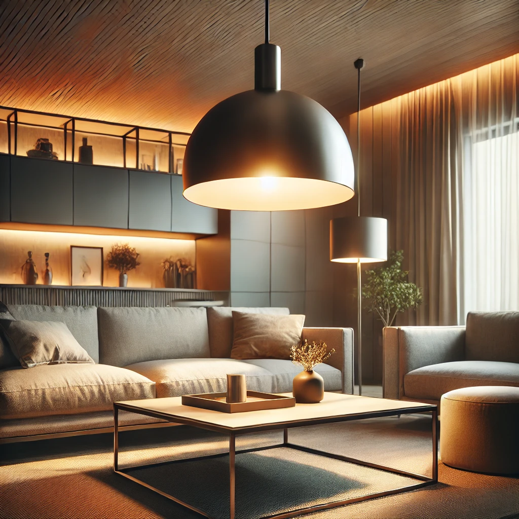 Ein modernes Wohnzimmer mit einer minimalistischen Pendelleuchte aus Metall, die über dem Couchtisch hängt. Die Pendelleuchte dient als funktionales und dekoratives Element und verleiht dem Raum mit ihrem warmen Licht eine gemütliche und stilvolle Atmosphäre.