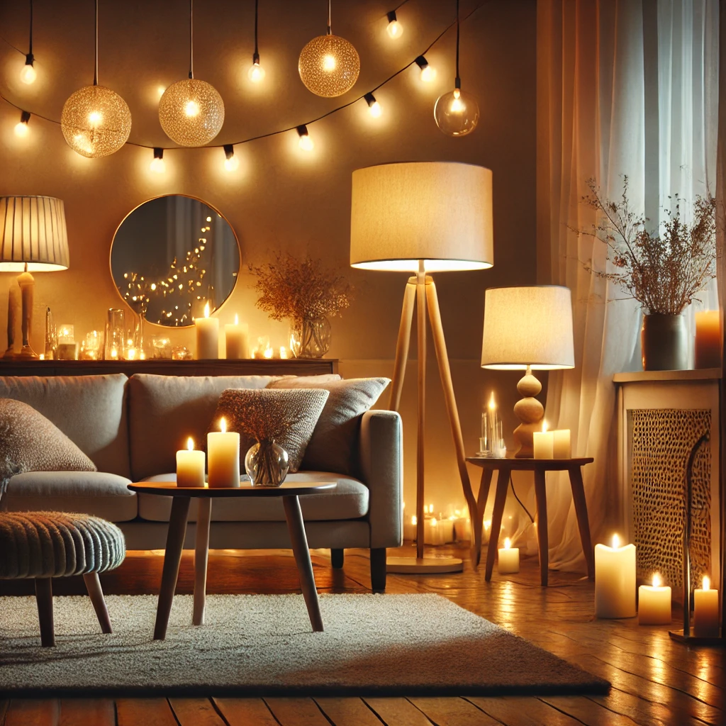 Ein Wohnzimmer mit warmweißen Steh- und Tischlampen, ergänzt durch Kerzen und Lichterketten, die eine flexible und gemütliche Beleuchtung schaffen, perfekt für Herbst und Winter.