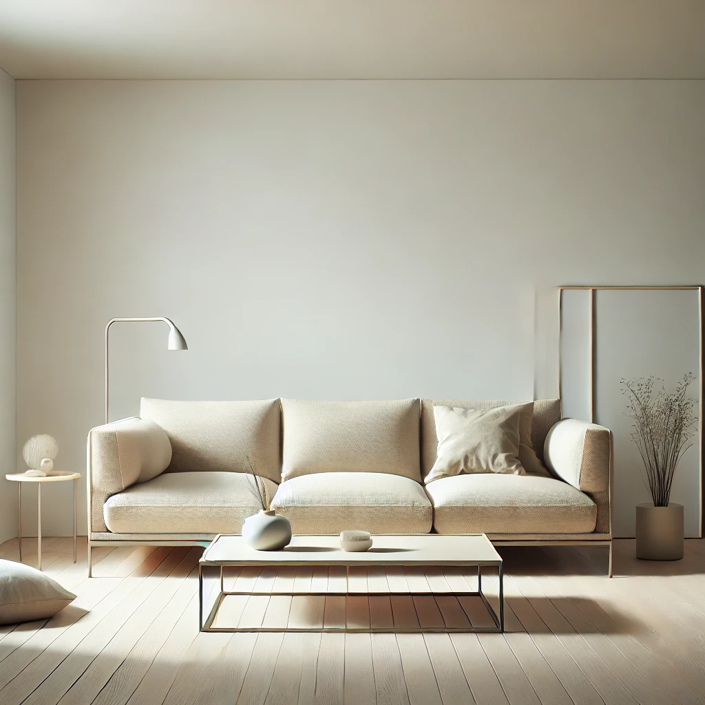 Ein minimalistisches Wohnzimmer mit einem großen, beigen Sofa, einem schlichten Couchtisch und weißen Wänden, das eine aufgeräumte und offene Atmosphäre ausstrahlt.