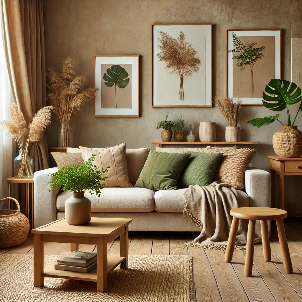 Ein gemütliches Wohnzimmer in Erdtönen wie Beige, Braun und Olivgrün, mit einem beigen Sofa, Holzmöbeln, olivgrünen Kissen und natürlichen Materialien wie Leinen. Pflanzen bringen Frische und Ruhe in den Raum.