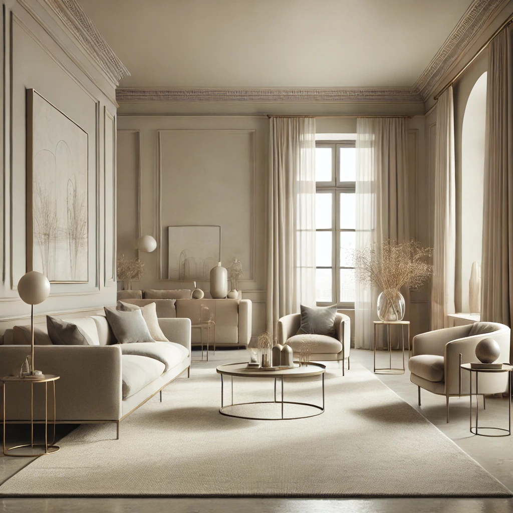 Ein elegantes Wohnzimmer in Beige, Grau und Creme, mit minimalistischen Möbeln und großen Fenstern, die für viel natürliches Licht sorgen und eine ruhige, luftige Atmosphäre schaffen.

