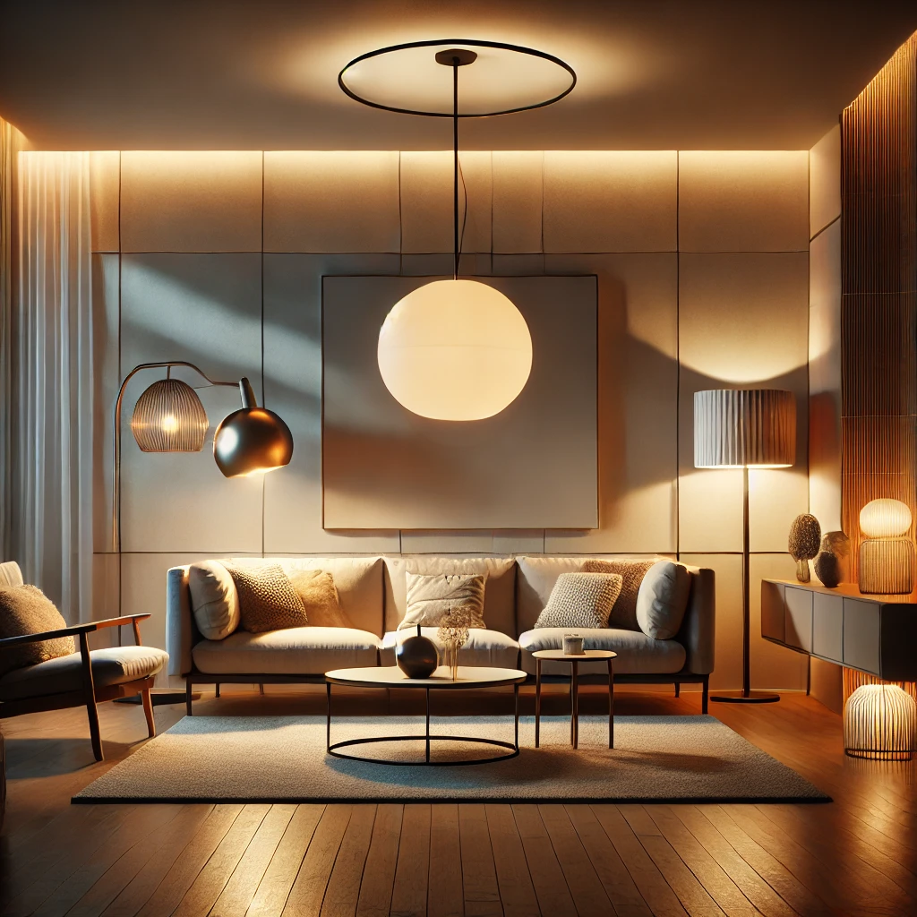 Ein modernes Wohnzimmer mit einer großen Pendelleuchte über dem Sofa als zentrale Lichtquelle, ergänzt durch Steh- und Tischlampen für indirektes, gemütliches Licht.