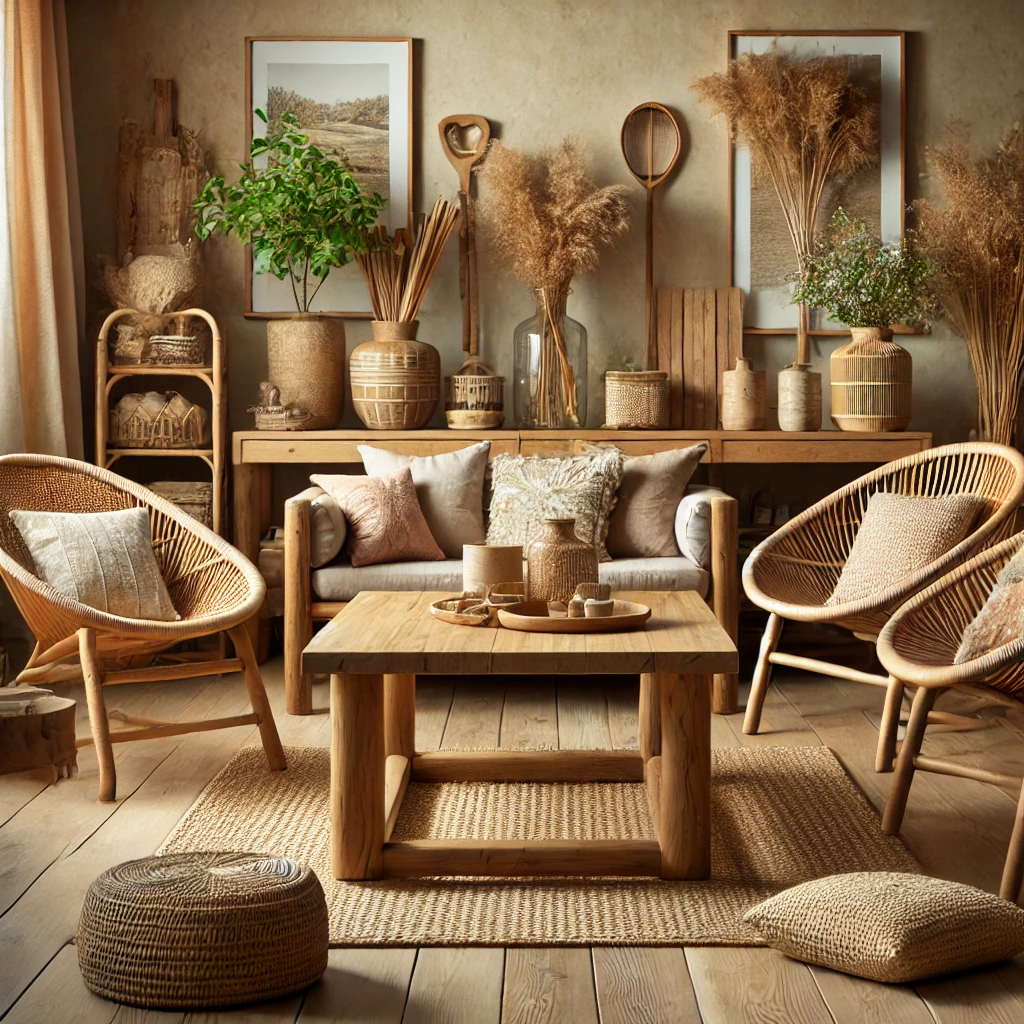 Ein nachhaltiges Wohnzimmer mit einem Holztisch, Rattanstühlen und recycelten Textilien, das Eleganz und Umweltbewusstsein vereint, mit einer warmen, natürlichen Farbpalette.