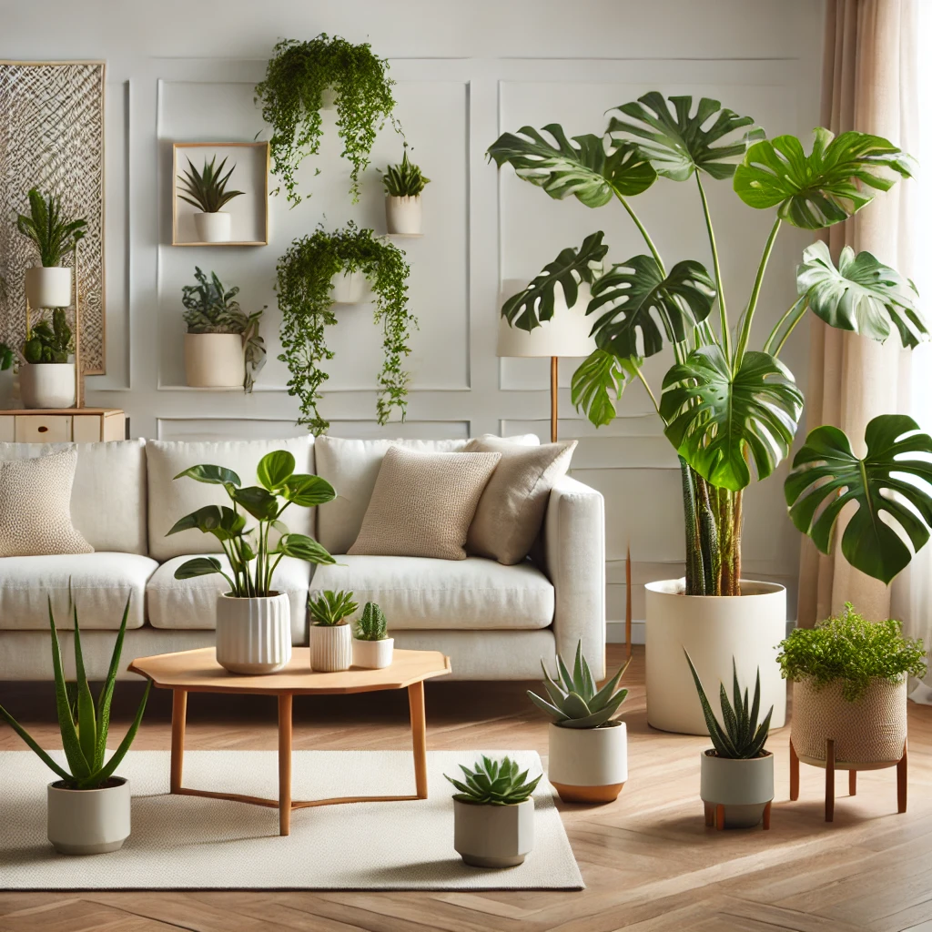 Ein stilvolles Wohnzimmer mit pflegeleichten Pflanzen wie Monstera, Ficus, Sukkulenten und Aloe Vera in dekorativen Töpfen, die dem Raum eine frische und lebendige Atmosphäre verleihen.