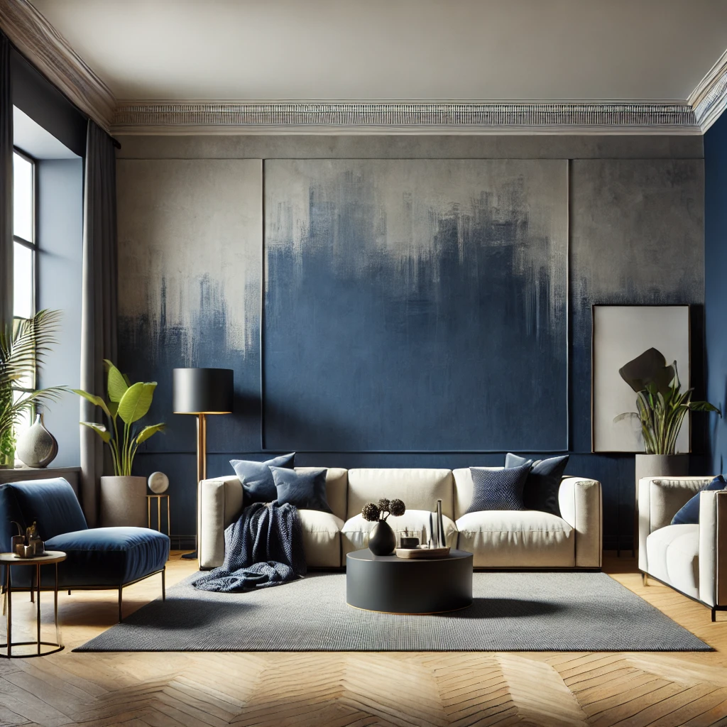 Ein Wohnzimmer mit einer tiefblauen Akzentwand, die sich von den neutralen Möbeln und den anderen Wänden abhebt, modern dekoriert, um den dramatischen Effekt zu betonen.