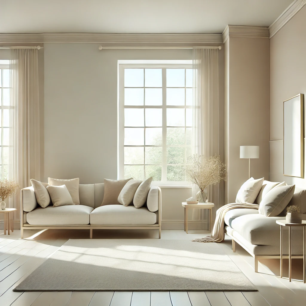  Ein Wohnzimmer mit hellen Wänden in Beige und Weiß, minimalistisch eingerichtet, mit viel natürlichem Licht, das den Raum offen und geräumig wirken lässt.