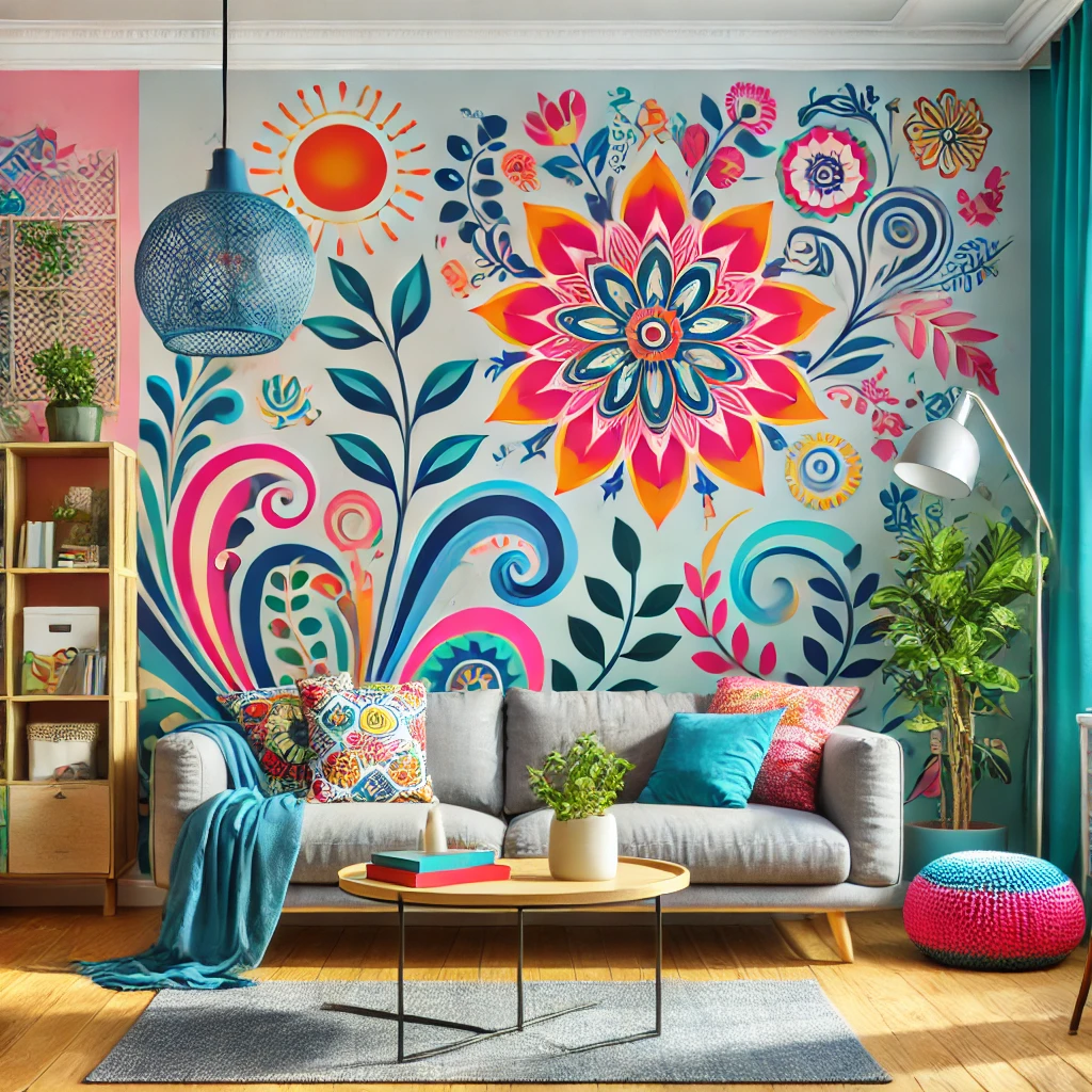 Ein Wohnzimmer mit einem großen, auffälligen Wandtattoo in floralen Motiven, kombiniert mit modernen Möbeln, das eine einladende und verspielte Atmosphäre schafft.