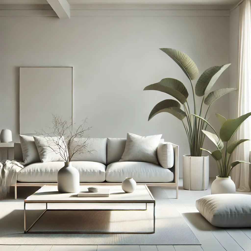 Minimalistisches Wohnzimmer mit einem einfachen Couchtisch, eleganter Vase, großer Zimmerpflanze und dezenten Farben wie Weiß und Grau, das eine offene und ruhige Umgebung betont.