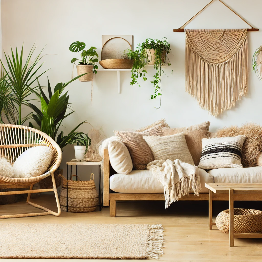 Boho-Chic Wohnzimmer mit einem gemütlichen Sofa, Makramee an der Wand, Pflanzen, Rattanmöbeln und weichen Teppichen, die eine entspannte und stilvolle Umgebung bilden.