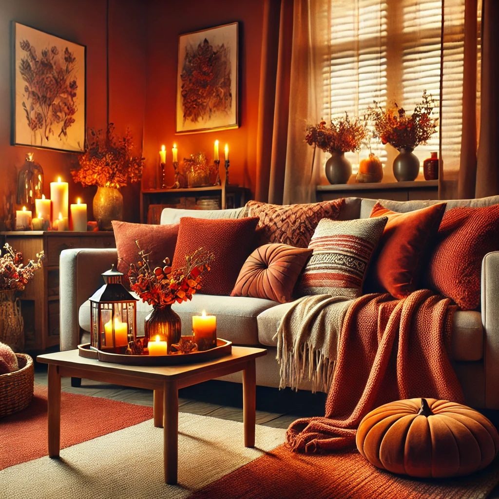 Wohnzimmer mit herbstlicher und winterlicher Dekoration, darunter weiche Kissen, Decken in warmen Farben wie Rot und Orange, Kerzen auf dem Couchtisch und eine warme Beleuchtung.