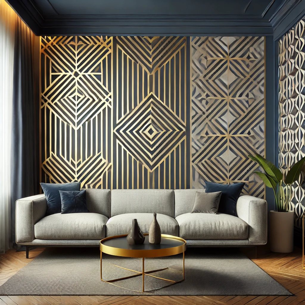 Ein Wohnzimmer mit einer Akzentwand, die eine geometrische Tapete in Dunkelblau und Gold zeigt, kombiniert mit neutralen Möbeln, die das moderne Design unterstreichen.