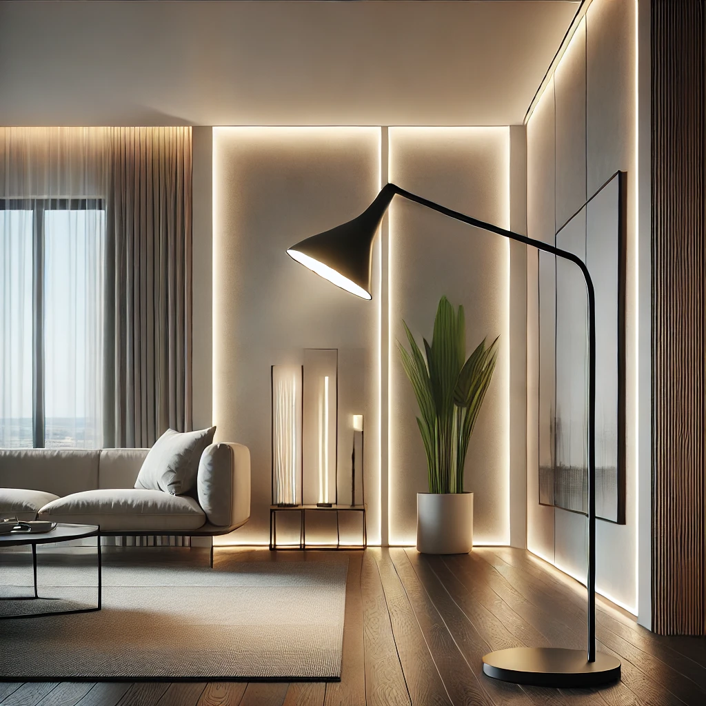 Ein Wohnzimmer mit einer minimalistischen Stehlampe und LED-Lichtleisten entlang der Wände und Decke, die weiches Licht für eine elegante, moderne Atmosphäre bieten.