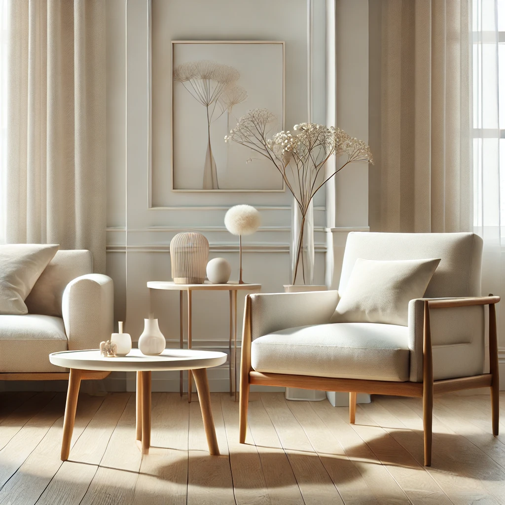 Ein leichtes, minimalistisches Wohnzimmer mit einem eleganten Sessel mit schlanken Beinen und einem kleinen Couchtisch. Der Raum ist in neutralen Farben wie Weiß und Beige gehalten, mit viel natürlichem Licht und schlichter Dekoration.