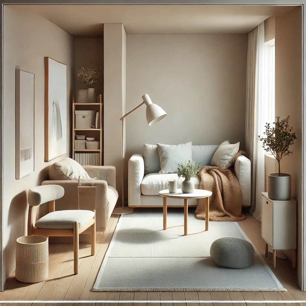 Kleines Wohnzimmer mit klaren Zonen, einer gemütlichen Leseecke mit Stuhl und Beistelltisch, sowie einem Sofa und Couchtisch. Minimalistische Einrichtung und neutrale Farben halten den Raum offen und organisiert.