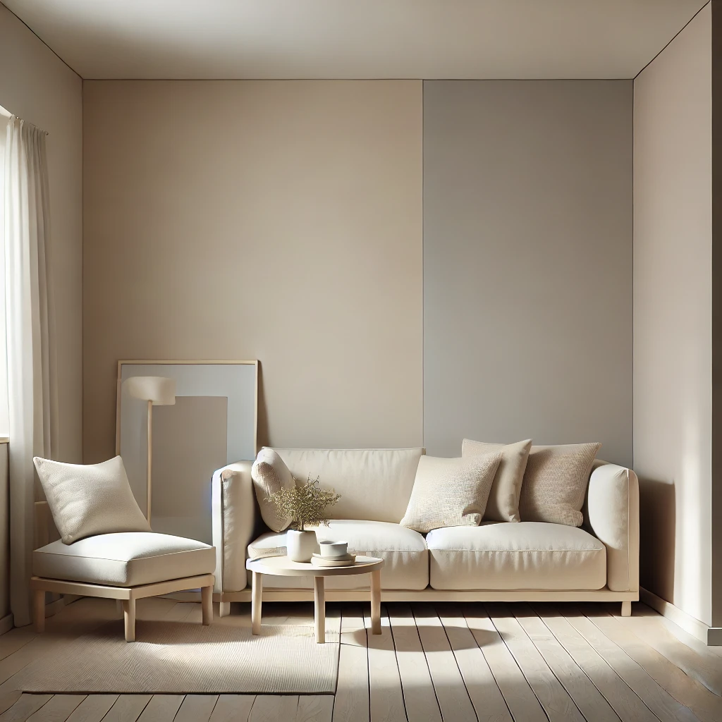 Kleines Wohnzimmer mit weichen beige- und pastellfarbenen Wänden, die den Raum optisch vergrößern. Minimalistische Möbel und natürliches Licht schaffen eine luftige, offene Atmosphäre.