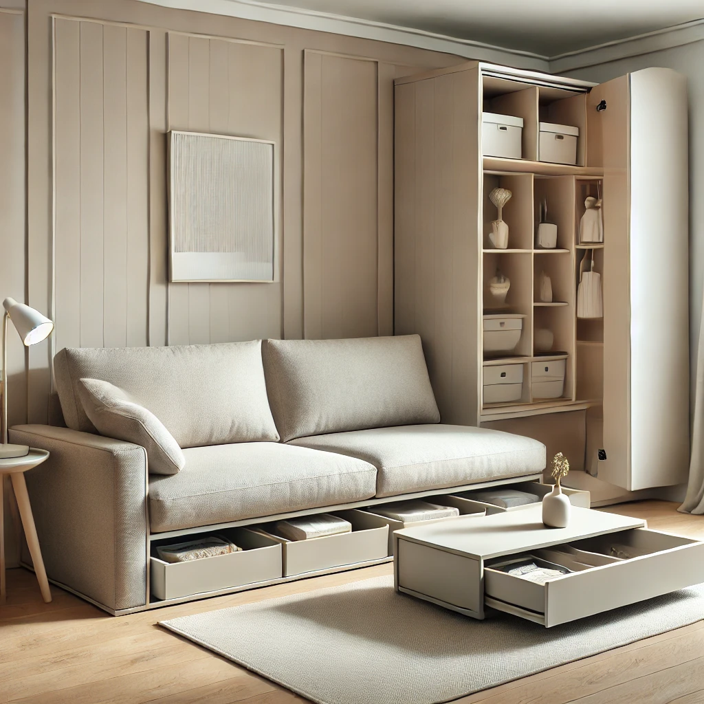  Modernes kleines Wohnzimmer mit hellgrauem Sofa und eingebautem Stauraum, minimalistisches Design mit neutralen Farben für ein luftiges Raumgefühl.