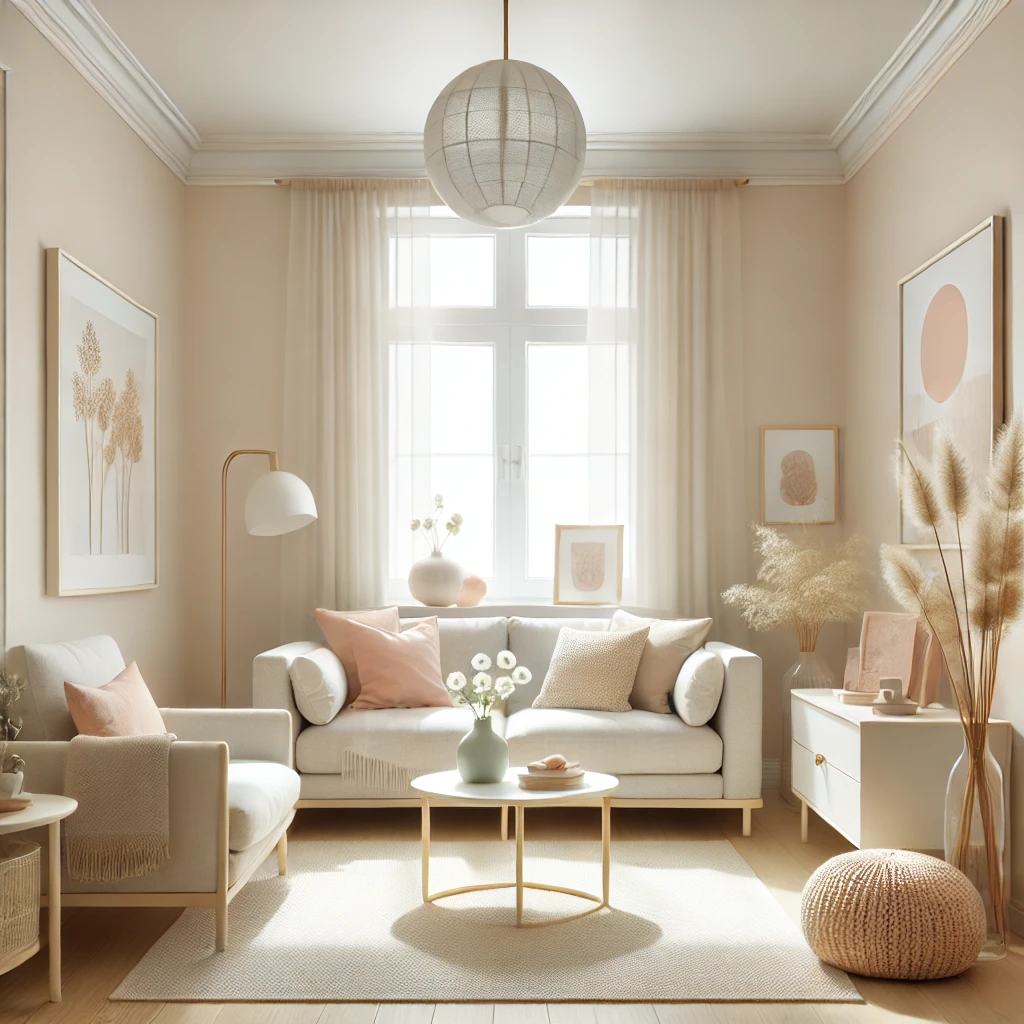 Kleines, helles Wohnzimmer mit beige Wänden und pastellfarbenen Accessoires, neutralen Möbeln und viel natürlichem Licht für ein luftiges Raumgefühl.