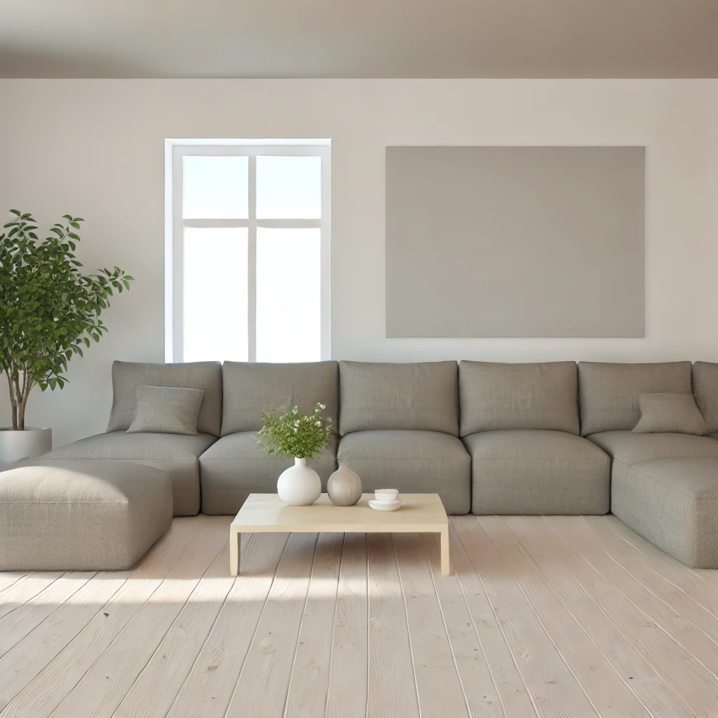 Modernes Wohnzimmer mit grauem Ecksofa im Zentrum, minimalistischer Einrichtung und großen Fenstern, die natürliches Licht hereinlassen.