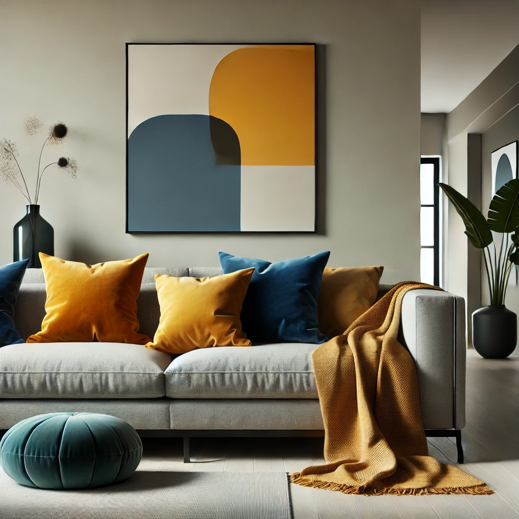 Modernes Wohnzimmer mit grauem Sofa, dekoriert mit dunkelblauen und senfgelben Kissen, sowie einem dunkelgrünen Kunstwerk an der Wand, das für lebendige Farbakzente sorgt.