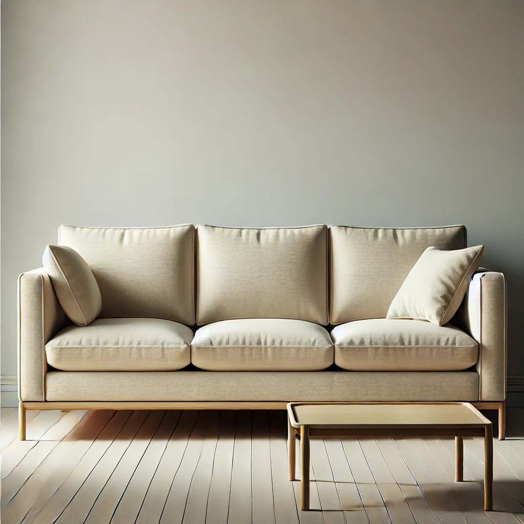 Modernes Wohnzimmer mit einem minimalistischen beigen Sofa, das durch klare Linien und eine neutrale Farbpalette Eleganz und Komfort ausstrahlt.