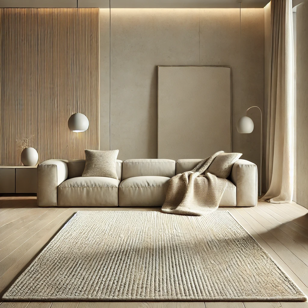  Modernes Wohnzimmer mit einem weichen Wollteppich in Beige, der nahtlos zum minimalistischen Design des Raumes passt und Wärme sowie Komfort hinzufügt.