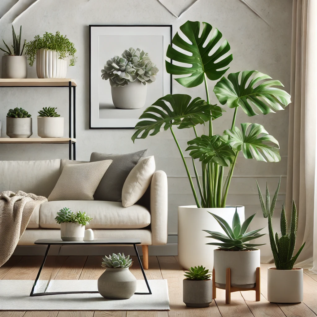 Modernes Wohnzimmer mit pflegeleichten Pflanzen wie Sukkulenten und einer Monstera, die in minimalistischen Töpfen stehen und dem Raum ein frisches und zeitgemäßes Ambiente verleihen.