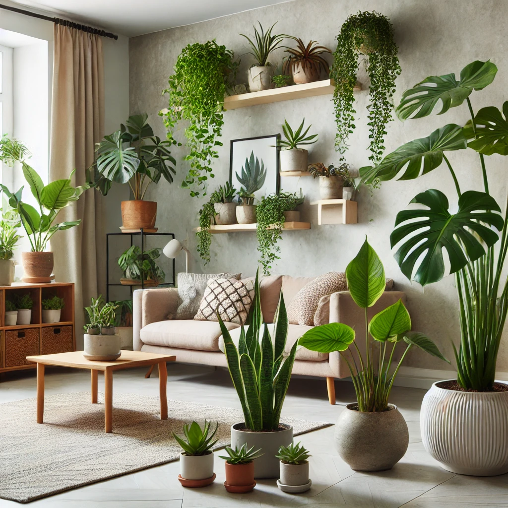 Ein Wohnzimmer mit pflegeleichten Pflanzen wie Monstera, Bogenhanf und Sukkulenten, dekorativ in Töpfen auf dem Boden und Regalen platziert. Hängende Pflanzen und Holzmöbel runden das natürliche Design ab.