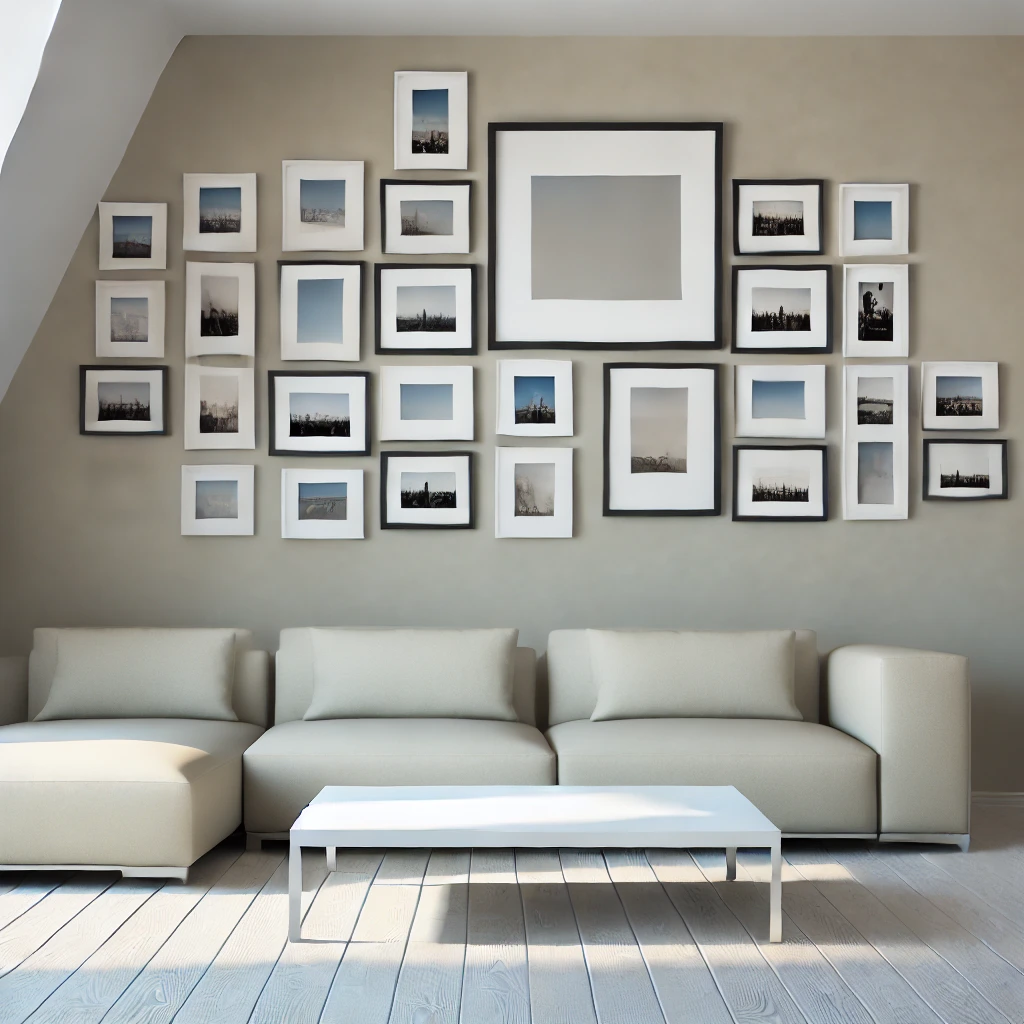 Ein Wohnzimmer mit einer asymmetrischen Fotogalerie an der Wand, bestehend aus mehreren kleineren Bilderrahmen in unterschiedlichen Größen. Die kreative Anordnung verleiht dem Raum einen modernen, künstlerischen Look.