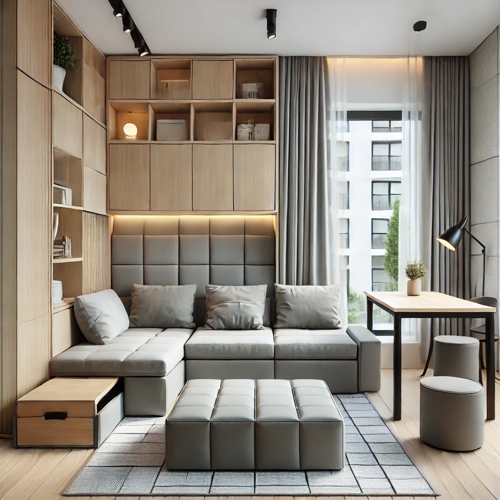 Kleines Wohnzimmer mit einem klappbaren Tisch, einem modularen Sofa und einem Aufbewahrungshocker. Die Möbel maximieren den Raum, bieten zusätzlichen Stauraum und bewahren ein minimalistisches Design.