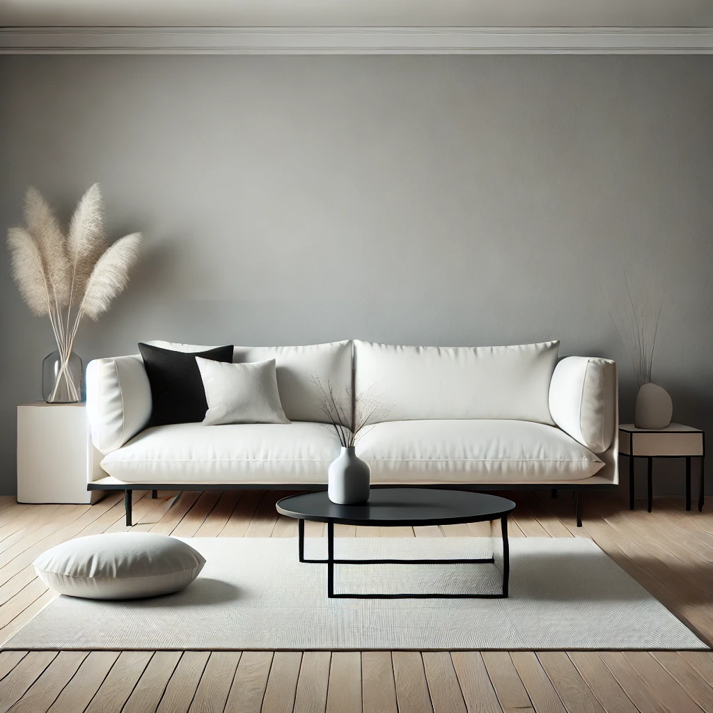 Aufgeräumtes minimalistisches Wohnzimmer mit wenigen Möbelstücken, darunter ein weißes Sofa und ein schwarzer Couchtisch, umgeben von neutralen Farben und einer ruhigen Atmosphäre.