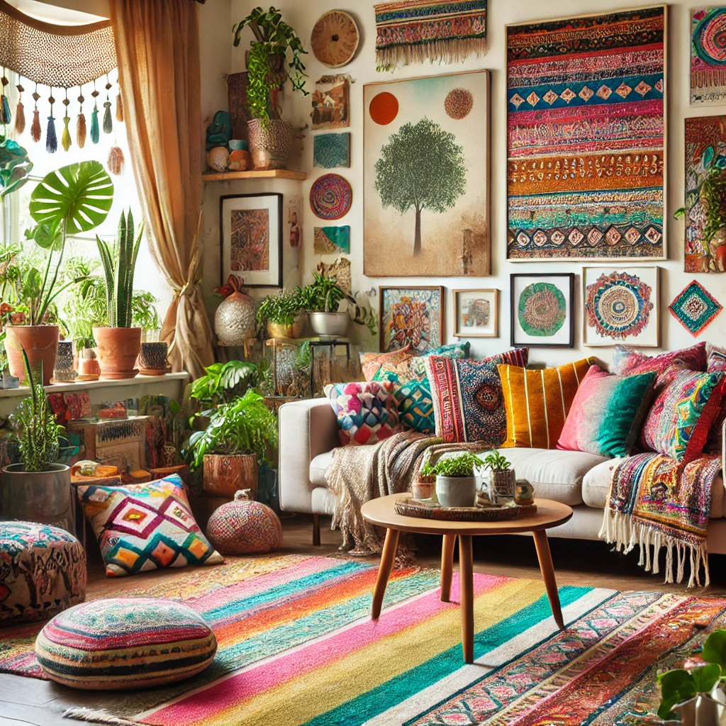 Ein Boho-Chic-Wohnzimmer mit bunten Kissen, gemusterten Teppichen und verschiedenen Texturen. Zimmerpflanzen und vielseitige Dekoration verleihen dem Raum eine entspannte und kreative Atmosphäre.