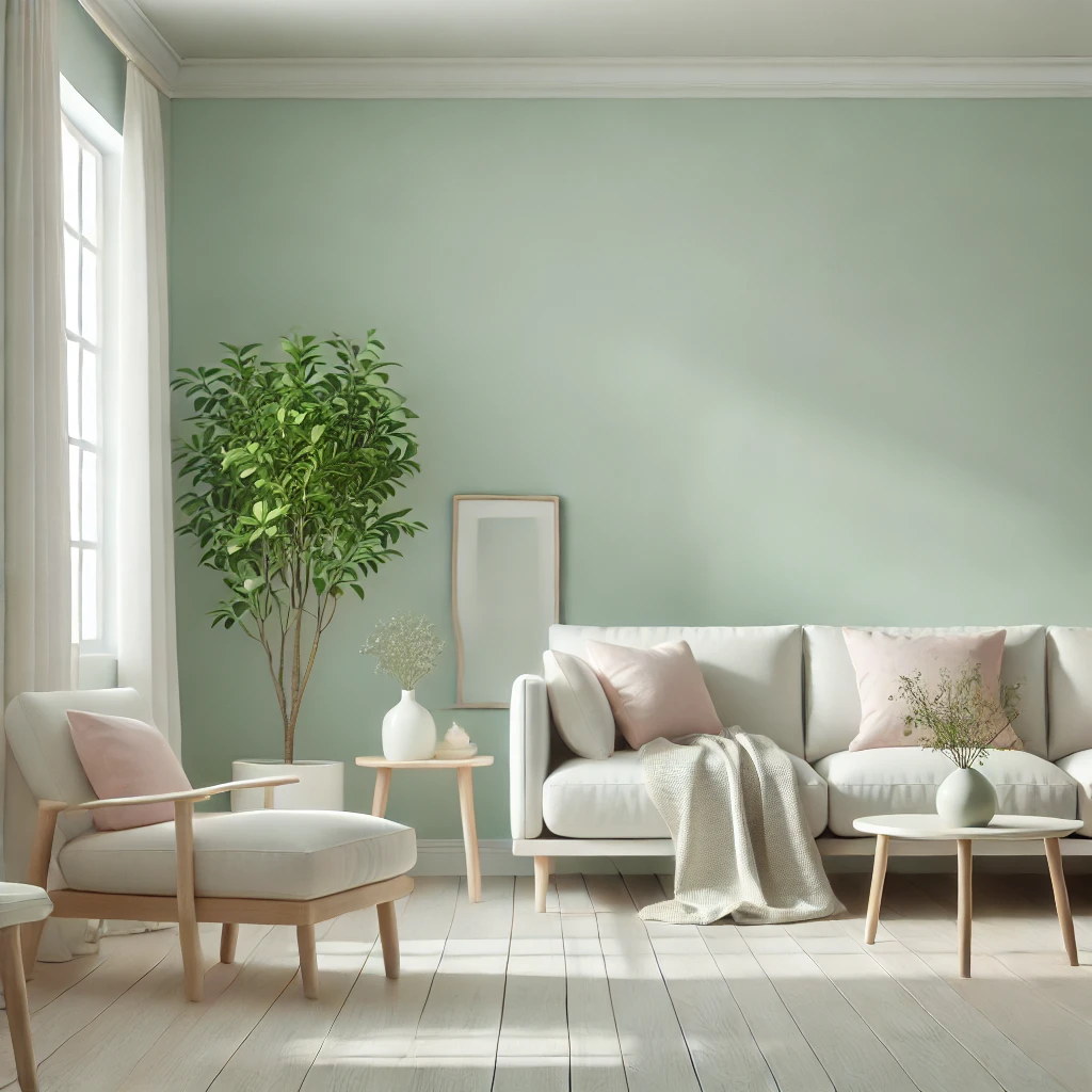 Stilvolles Wohnzimmer mit Wänden in Pastell-Mintgrün, einfacher heller Einrichtung und natürlichem Licht, das eine entspannte Atmosphäre schafft.