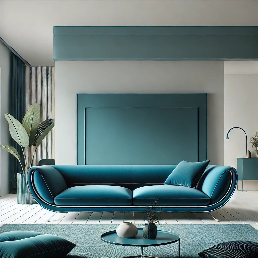 Wohnzimmer mit einem auffälligen petrolblauen Sofa in modernem, geschwungenem Design, das sich von den neutralen Möbeln abhebt und dem Raum eine lebendige, stilvolle Atmosphäre verleiht.