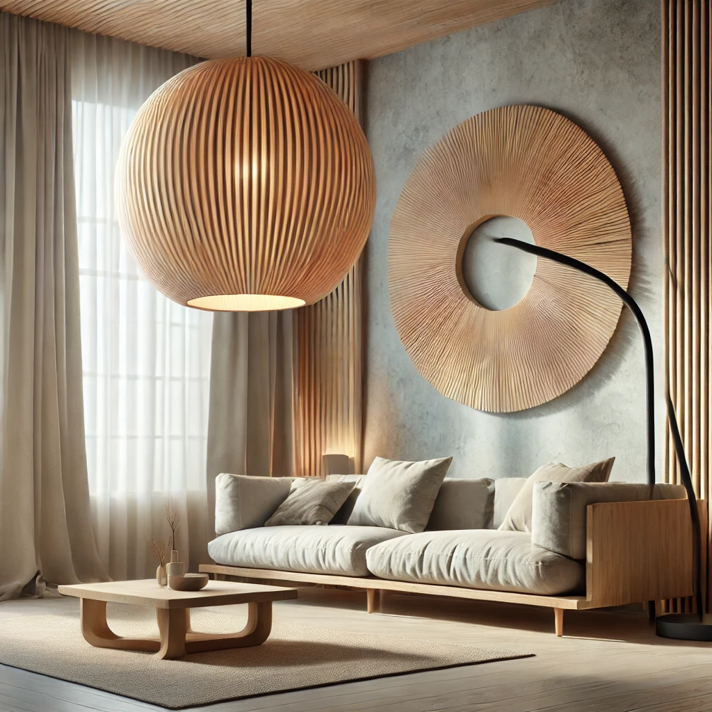 Modernes Wohnzimmer mit einer großen Stehlampe aus Holz oder Bambus, die sowohl als Lichtquelle als auch als dekoratives Element dient und dem minimalistischen Raum Wärme verleiht.