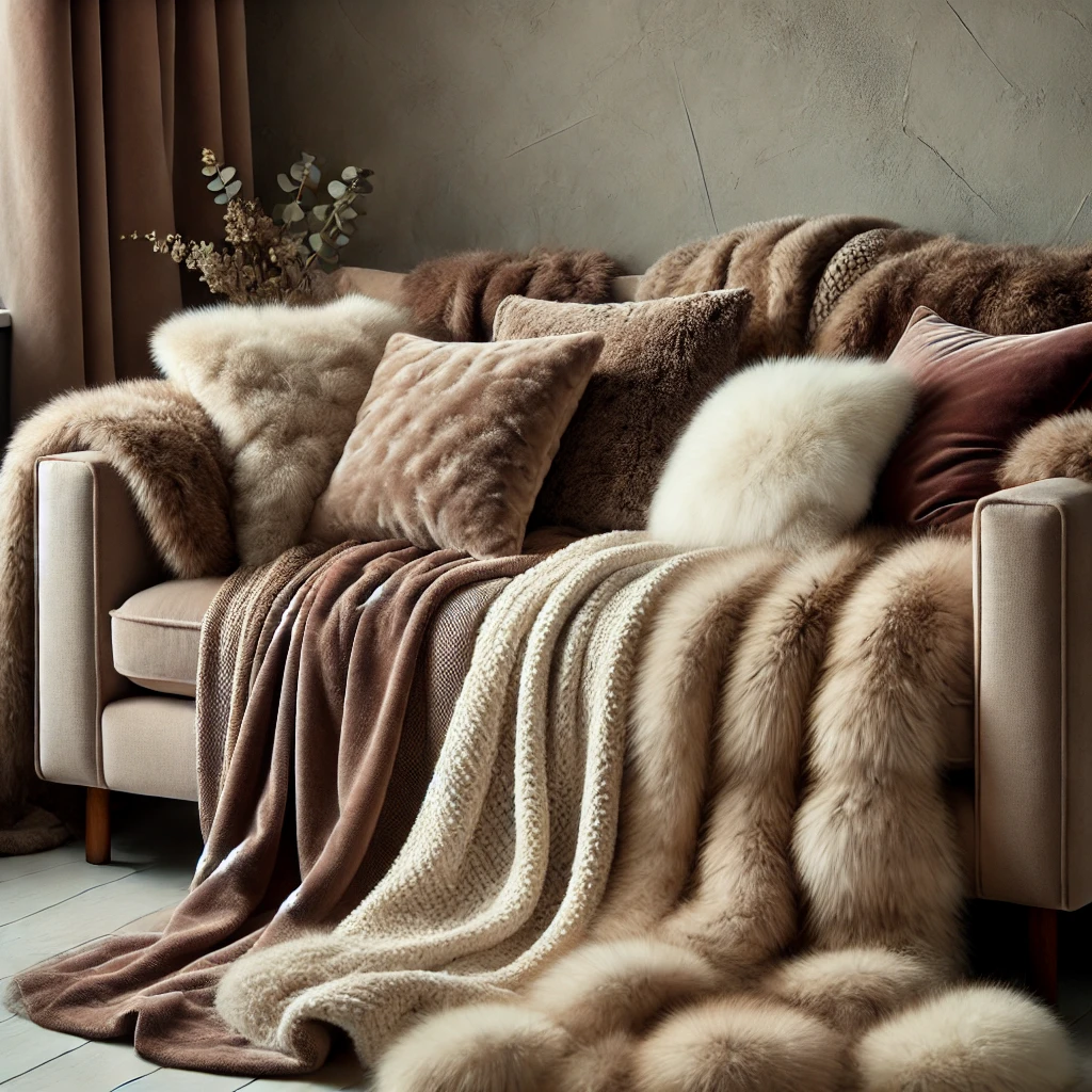 Wohnzimmer mit einem Sofa, das mit weichen, kuscheligen Decken aus Samt und Faux-Fur dekoriert ist, perfekt für die kältere Jahreszeit, um Wärme und Komfort zu bieten.