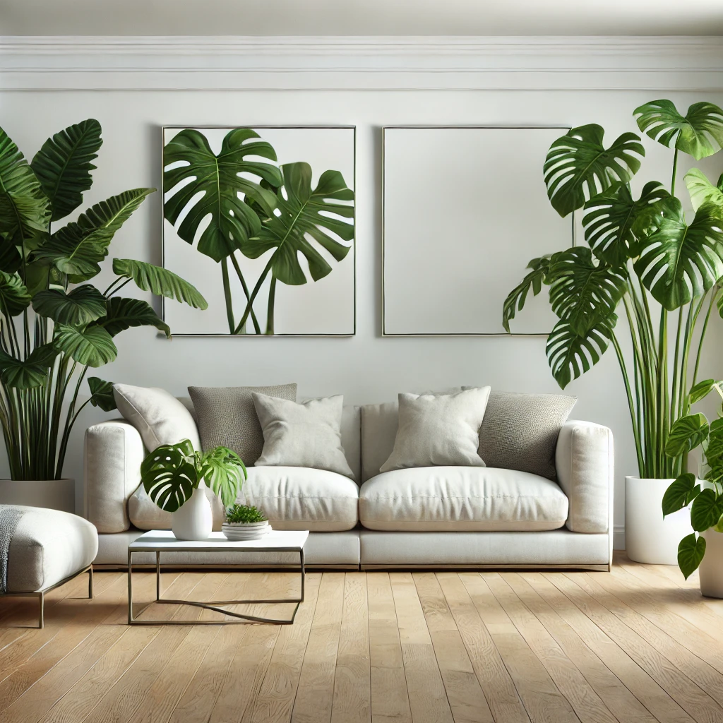 Modernes Wohnzimmer mit einer großen Monstera-Pflanze und einem Ficus-Baum, deren üppige Blätter in dekorativen Töpfen einen natürlichen Akzent setzen und die minimalistische Einrichtung ergänzen.