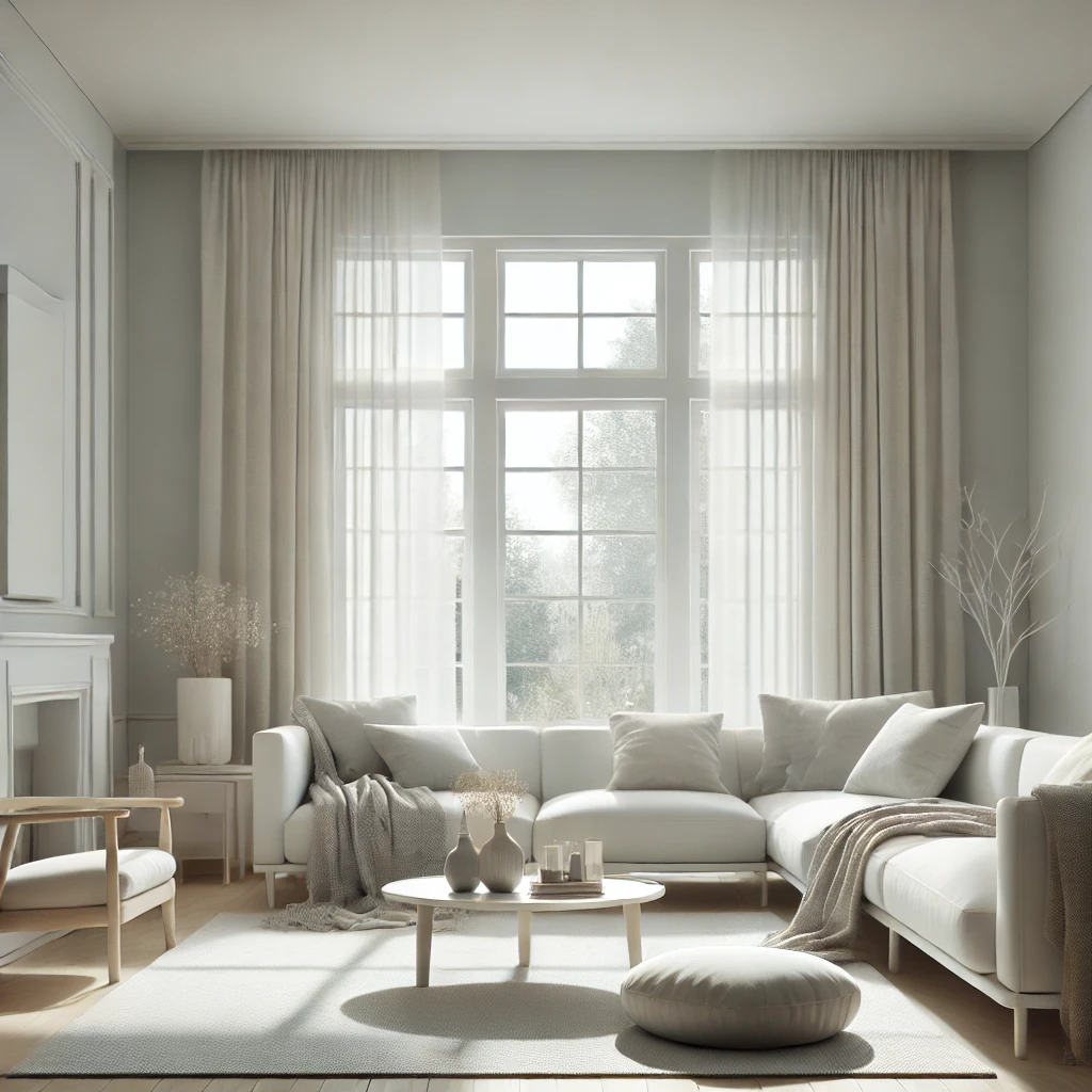 Helles und luftiges Wohnzimmer, das in neutralen Farben wie Weiß, Grau und Beige gestrichen ist, mit minimalistischem Design und großen Fenstern, die viel Tageslicht hereinlassen.