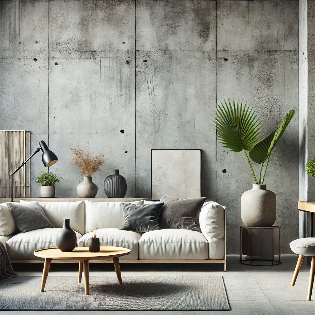 Stilvolles Wohnzimmer mit einer Betonwand, die einen modernen, industriellen Look zeigt, ergänzt durch minimalistisches Mobiliar und industrielle Dekorationselemente.