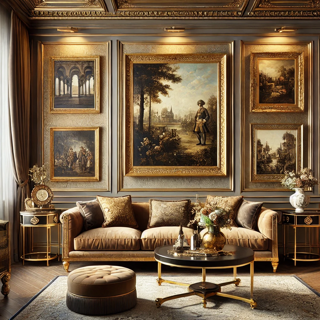 Elegantes Wohnzimmer mit klassischen Gemälden und Kunstdrucken in Gold- und Brauntönen an den Wänden, die die gehobene Atmosphäre des Raumes unterstreichen.