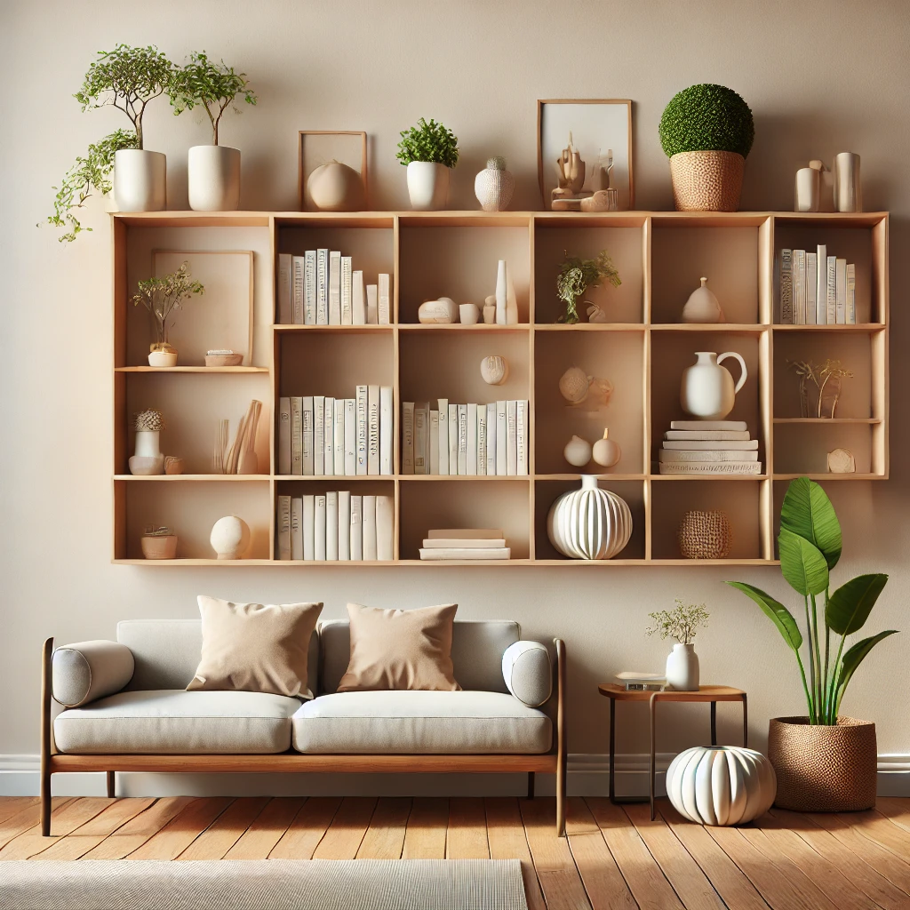 Minimalistisches Wohnzimmer mit schlichten Holzregalen, die mit Büchern, Pflanzen und Dekoelementen dekoriert sind, was eine funktionale und stilvolle Präsentation schafft.