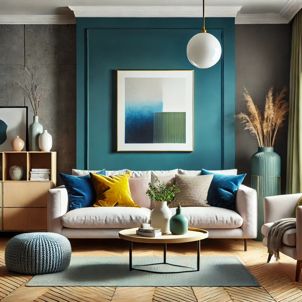 Modernes Wohnzimmer mit einer auffälligen Akzentwand in einer lebhaften Farbe wie tiefem Blau oder leuchtendem Grün, die visuelles Interesse schafft und von neutralen Möbeln und Dekorationselementen ergänzt wird.