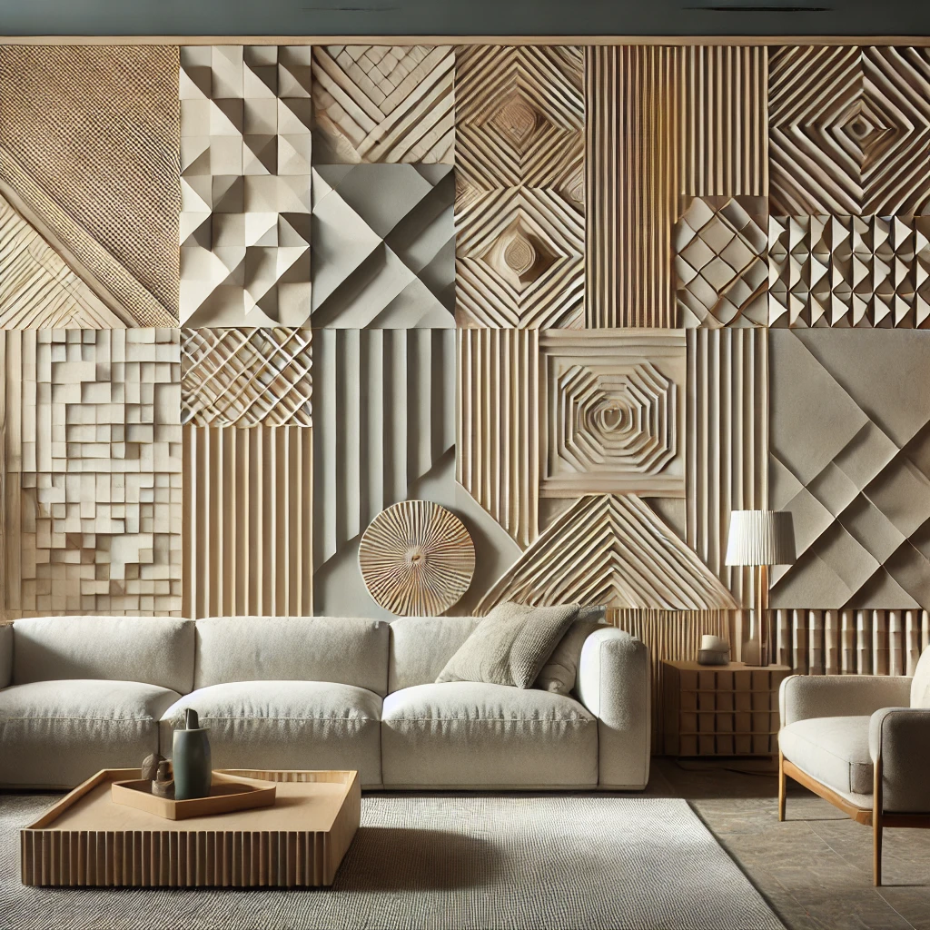 Zeitgemäßes Wohnzimmer mit 3D-Elementen an der Wand, die ein einzigartiges visuelles Erlebnis schaffen, einschließlich geometrischer Muster und geschichteter Materialien.