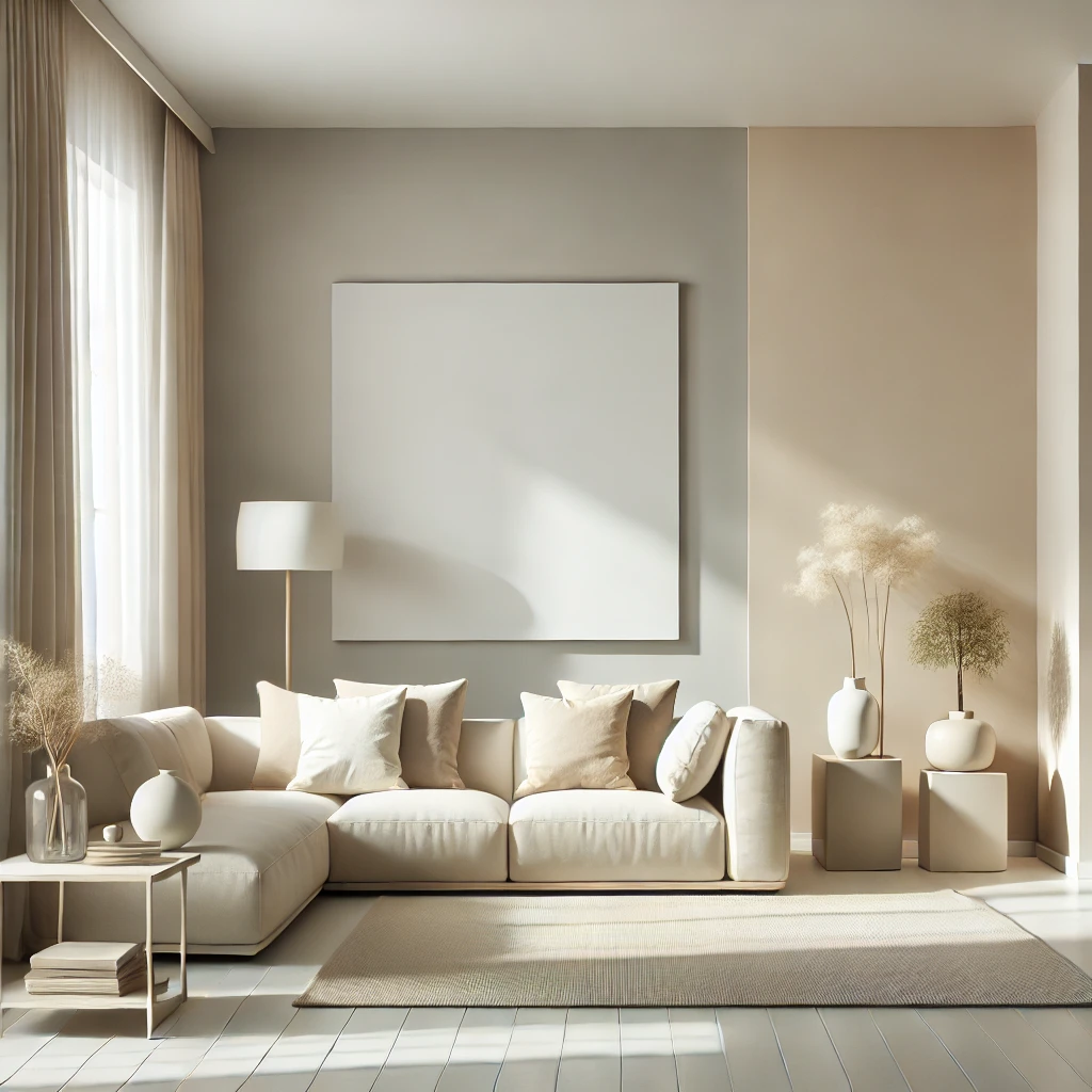 Ein modernes Wohnzimmer mit neutralen Wandfarben in Weiß, Beige und Grau, minimalistisch und elegant eingerichtet, das eine zeitlose und frische Atmosphäre vermittelt