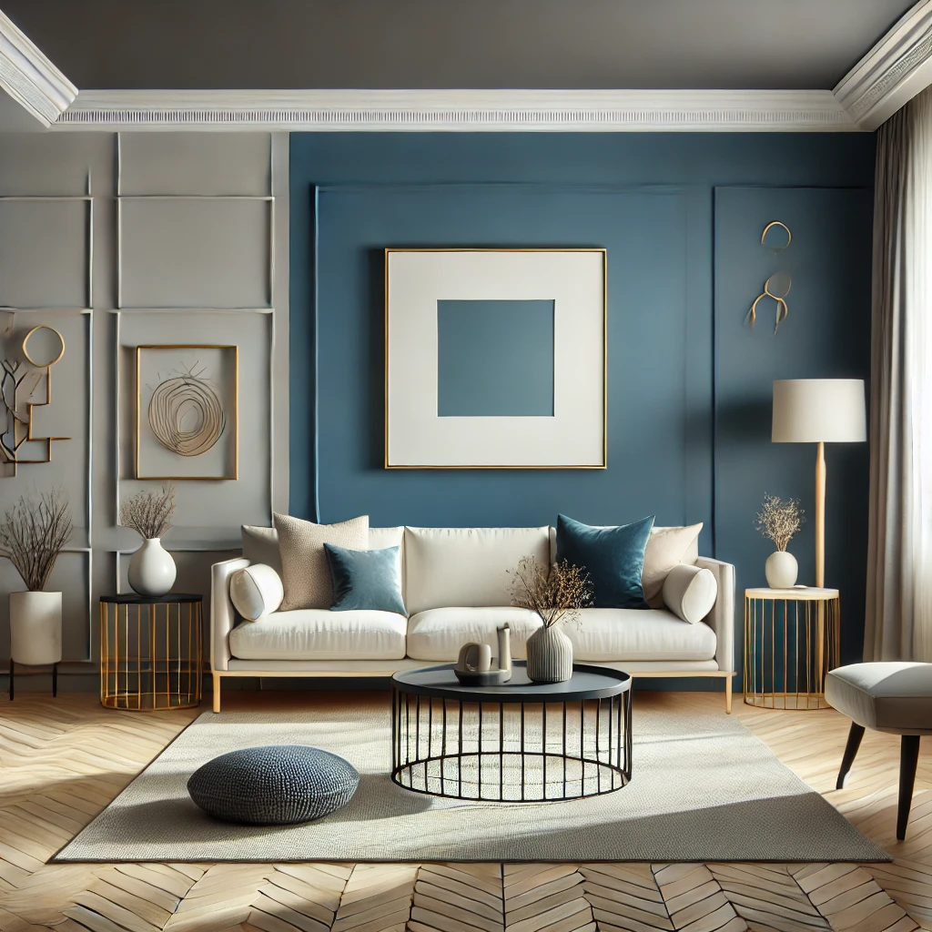 Ein stilvolles Wohnzimmer mit einer Akzentwand in tiefem Blau und neutralen Wänden in Beige oder Hellgrau, geschmackvoll eingerichtet mit modernen Möbeln und Accessoires für eine harmonische Atmosphäre.