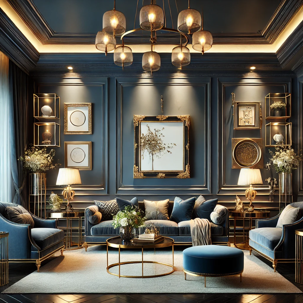 Ein elegantes Wohnzimmer mit dunklen blauen Wänden und goldenen Akzenten, das eine gemütliche und raffinierte Atmosphäre schafft, ausgestattet mit weichen Möbeln und sanfter Beleuchtung.