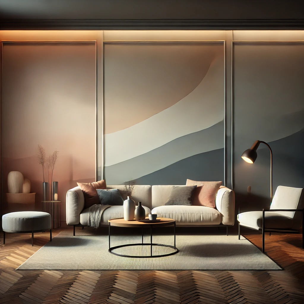 Ein modernes Wohnzimmer mit einem sanften Ombre-Wanddesign, das von hellen zu dunklen Farben übergeht und so eine Atmosphäre von Tiefe und Raum schafft, ergänzt durch stilvolle Möbel und warmes Licht.